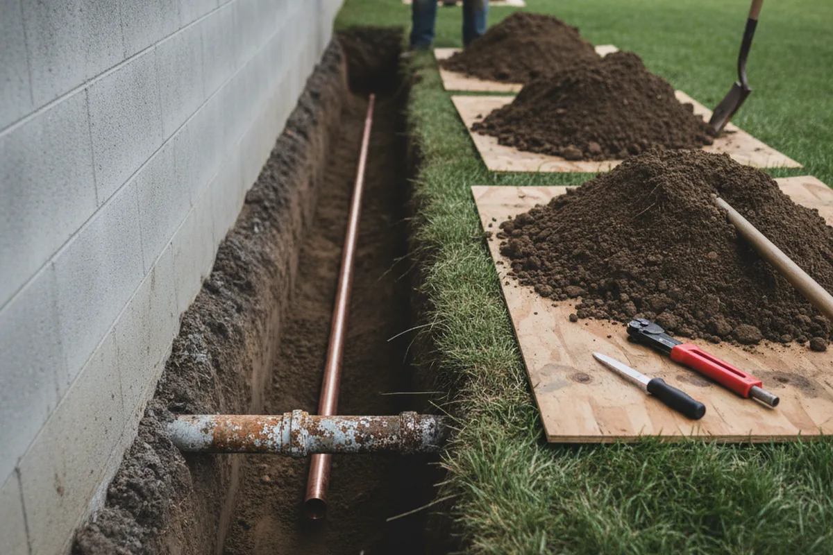 Excavated water line trench during Water Softener Installation in Edgewater